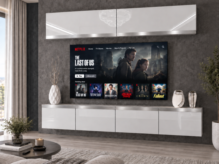 Parete attrezzata Prestige 200 cm TV/RTV bianca lucida Produttore IMP P Brando 6/5/W/W/0/0/SL