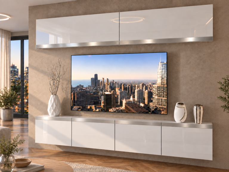 Parete attrezzata Prestige 200 cm TV/RTV bianca lucida Produttore IMP P Brando 6/5/W/W/0/0/SL