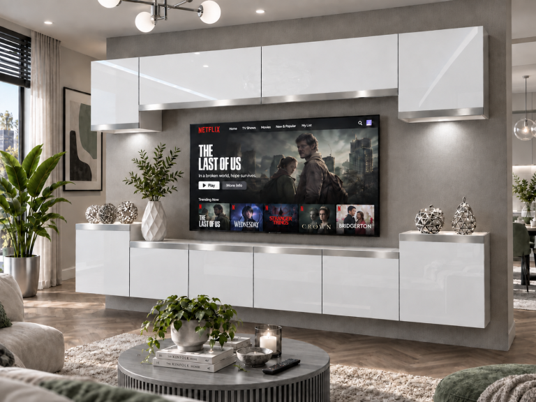 Parete attrezzata Prestige 300 cm TV/RTV bianca lucida Produttore IMP P Hepburn 4/5/W/W/0/0/SL