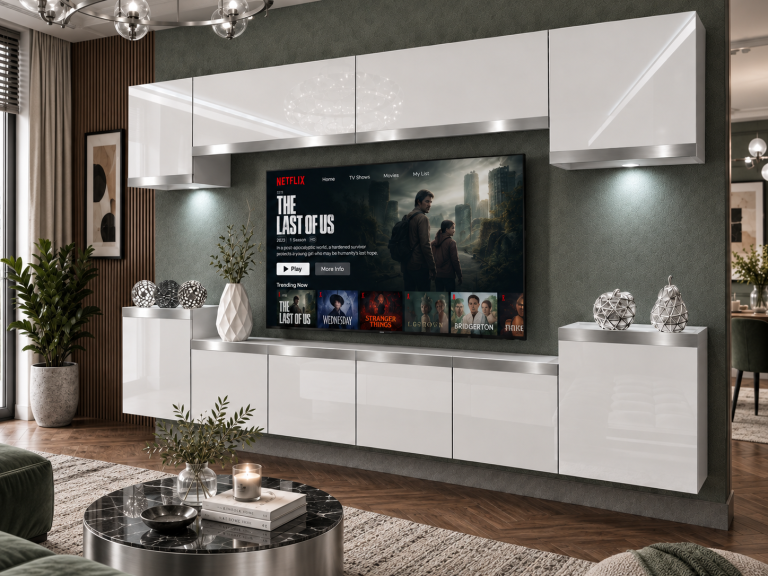 Parete attrezzata Prestige 300 cm TV/RTV bianca lucida Produttore IMP P Hepburn 4/5/W/W/0/0/SL