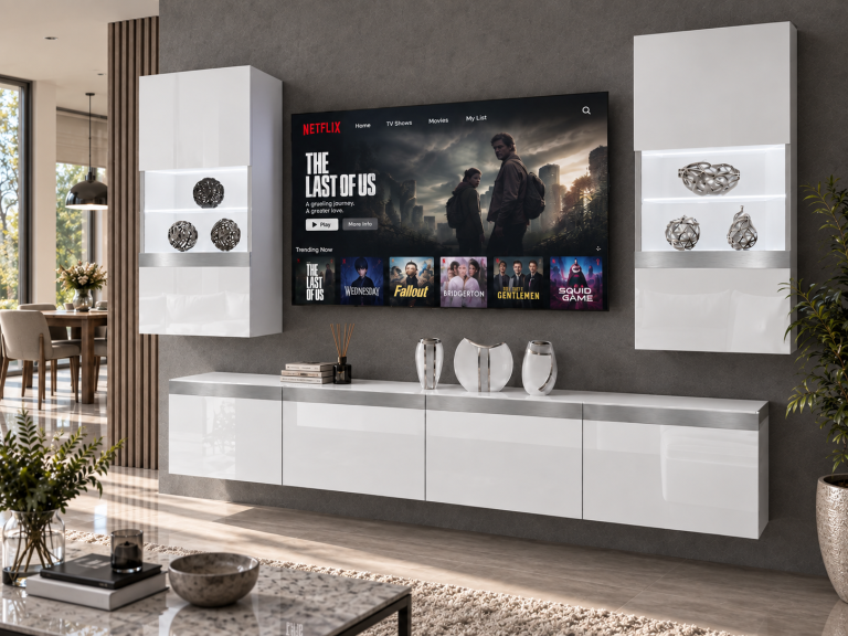 Parete attrezzata Prestige 200 cm TV/RTV bianca lucida Produttore IMP P Keanu 7/5/W/W/0/0/SL