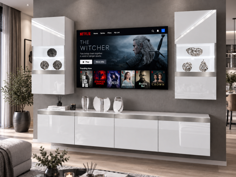 Parete attrezzata Prestige 200 cm TV/RTV bianca lucida Produttore IMP P Keanu 7/5/W/W/0/0/SL