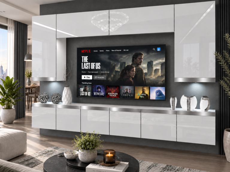 Parete attrezzata Prestige 300 cm TV/RTV bianca lucida Produttore IMP P Monroe 2/5/W/W/0/0/SL