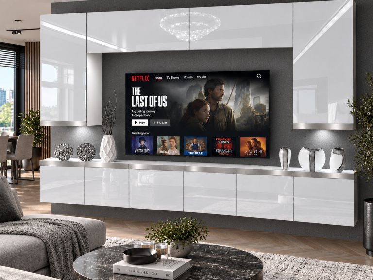 Parete attrezzata Prestige 300 cm TV/RTV bianca lucida Produttore IMP P Monroe 2/5/W/W/0/0/SL
