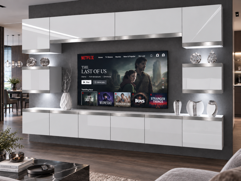 Parete attrezzata Prestige 300 cm TV/RTV bianca lucida Produttore IMP P Tarantino 3/5/W/W/0/0/SL