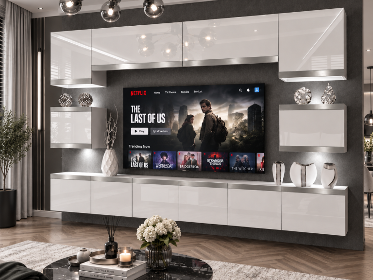 Parete attrezzata Prestige 300 cm TV/RTV bianca lucida Produttore IMP P Tarantino 3/5/W/W/0/0/SL