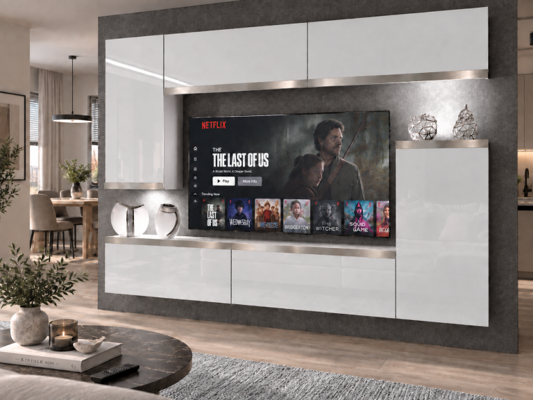 Parete attrezzata Prestige 250 cm TV/RTV bianca lucida Produttore IMP P Woody 8/5/W/W/0/0/SL