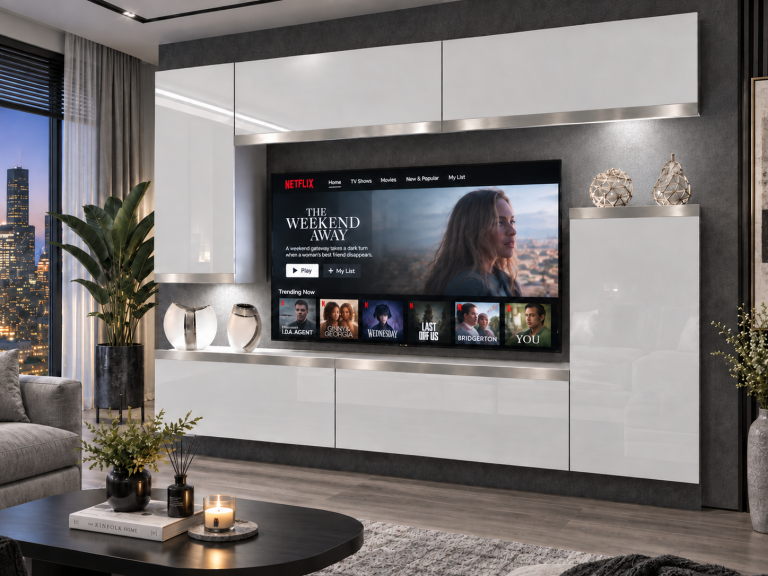Parete attrezzata Prestige 250 cm TV/RTV bianca lucida Produttore IMP P Woody 8/5/W/W/0/0/SL