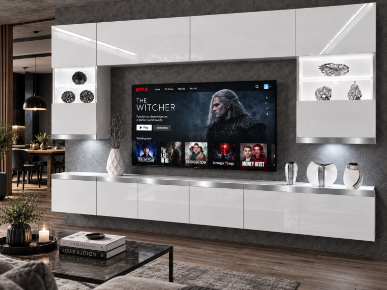 Parete attrezzata Prestige 300 cm TV/RTV grigia lucida Produttore IMP P1 Nolan 1/5/W/S/0/0/SL