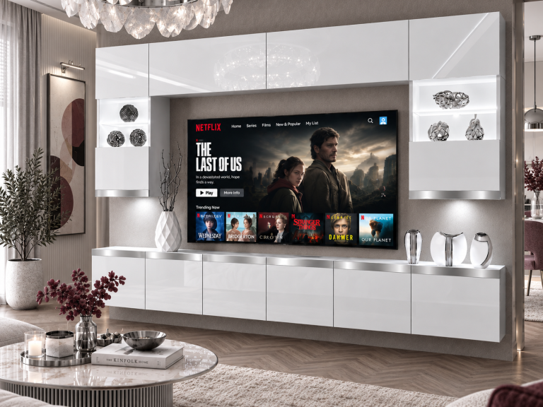 Parete attrezzata Prestige 300 cm TV/RTV grigia lucida Produttore IMP P1 Nolan 1/5/W/S/0/0/SL