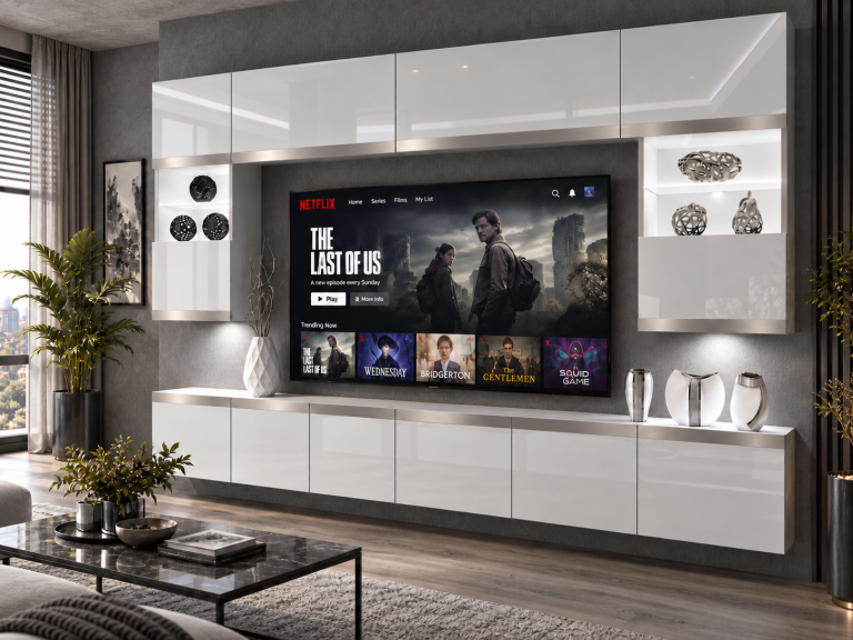 Parete attrezzata Prestige 300 cm TV/RTV bianca lucida Produttore IMP P2 Nolan 1/5/W/W/0/0/SL