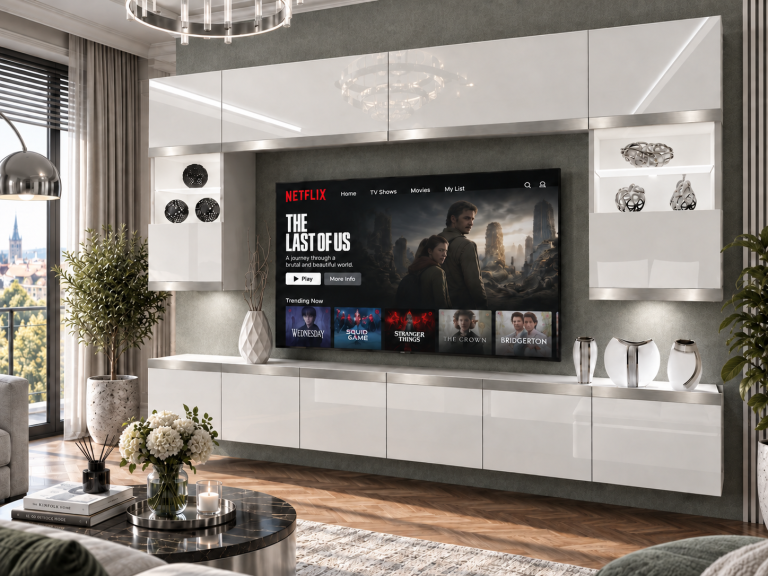 Parete attrezzata Prestige 300 cm TV/RTV bianca lucida Produttore IMP P2 Nolan 1/5/W/W/0/0/SL