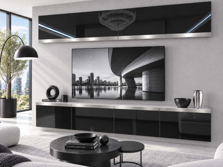 Parete attrezzata Prestige 200 cm TV/RTV nera lucida Produttore IMP P Brando 6/5/W/B/0/0/SL
