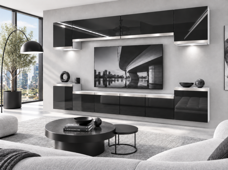 Parete attrezzata Prestige 300 cm TV/RTV nera lucida Produttore IMP P Hepburn 4/5/W/B/0/0/SL