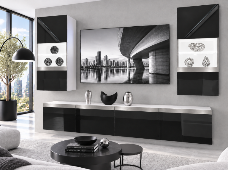 Parete attrezzata Prestige 200 cm TV/RTV nera lucida Produttore IMP P Keanu 7/5/W/B/0/0/SL