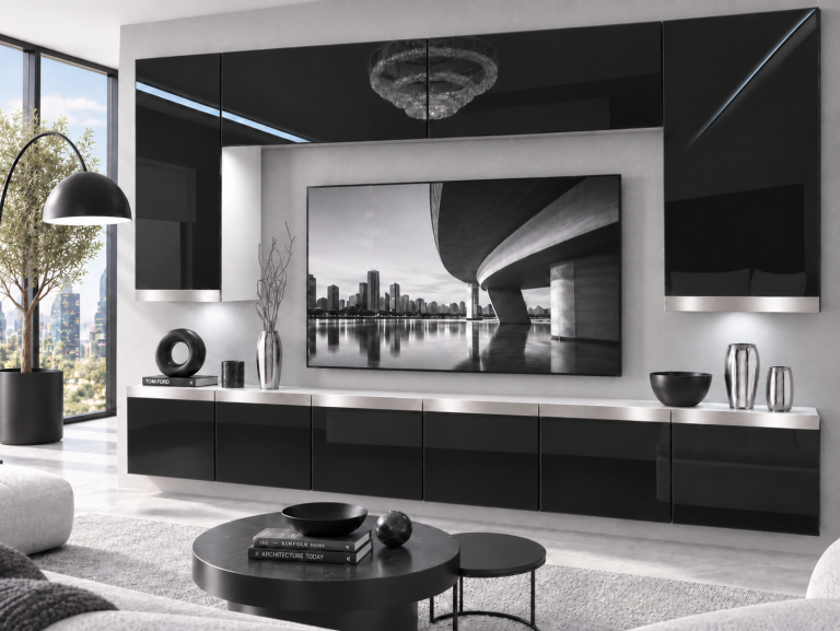 Parete attrezzata Prestige 300 cm TV/RTV nera lucida Produttore IMP P Monroe 2/5/W/B/0/0/SL