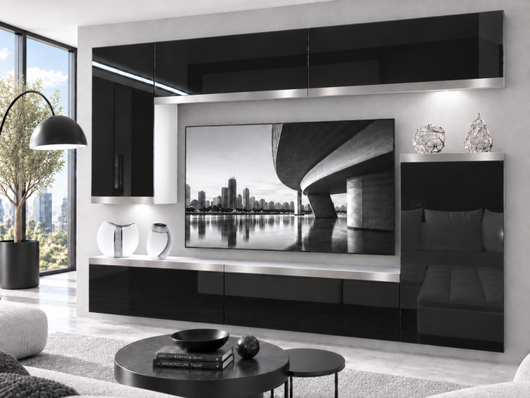 Parete attrezzata Prestige 250 cm TV/RTV nera lucida Produttore IMP P Woody 8/5/W/B/0/0/SL