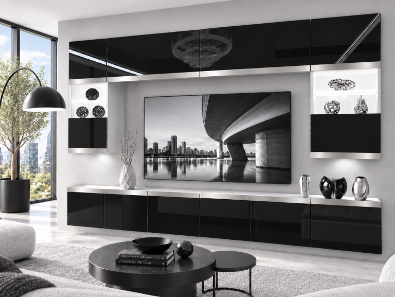 Parete attrezzata Prestige 300 cm TV/RTV nera lucida Produttore IMP P2 Nolan 1/5/W/B/0/0/SL