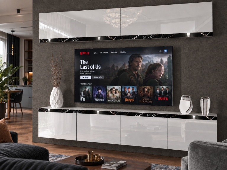 Parete attrezzata Prestige 200 cm TV/RTV bianca lucida Produttore IMP P Brando 6/5/W/W/0/0/CS