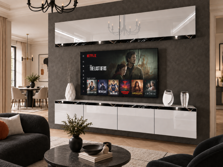 Parete attrezzata Prestige 200 cm TV/RTV bianca lucida Produttore IMP P Brando 6/5/W/W/0/0/CS