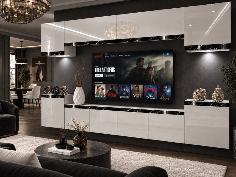 Parete attrezzata Prestige 300 cm TV/RTV bianca lucida Produttore IMP P Hepburn 4/5/W/W/0/0/CS