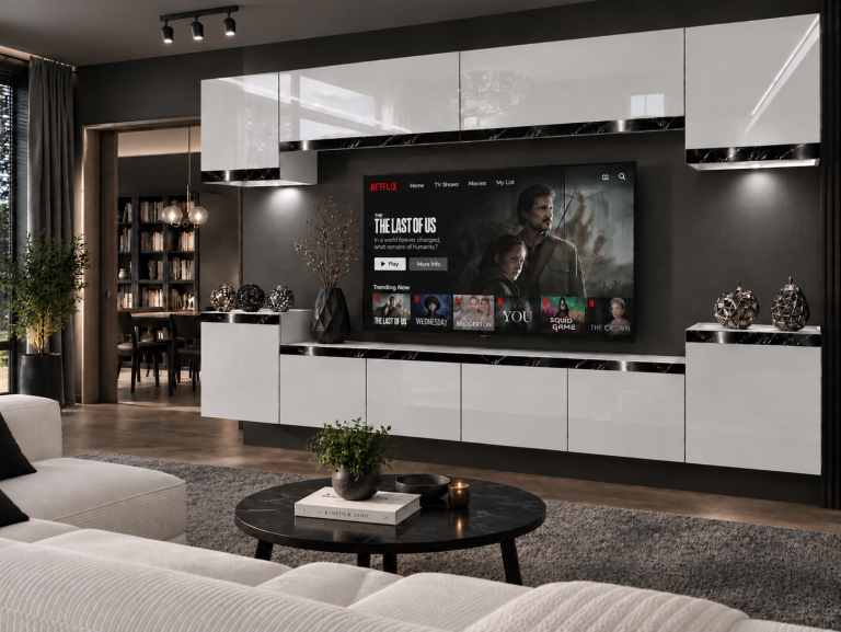 Parete attrezzata Prestige 300 cm TV/RTV bianca lucida Produttore IMP P Hepburn 4/5/W/W/0/0/CS