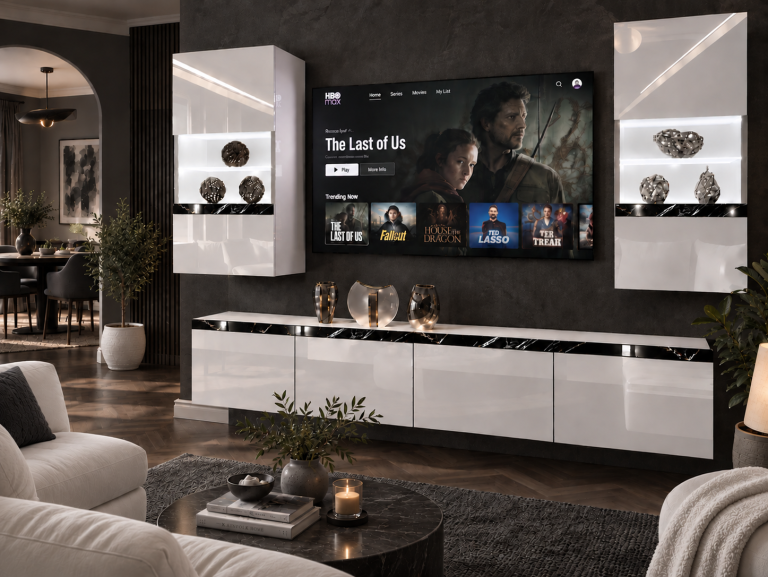 Parete attrezzata Prestige 200 cm TV/RTV bianca lucida Produttore IMP P Keanu 7/5/W/W/0/0/CS
