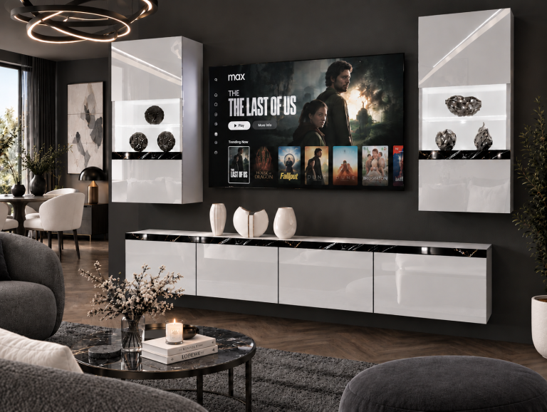 Parete attrezzata Prestige 200 cm TV/RTV bianca lucida Produttore IMP P Keanu 7/5/W/W/0/0/CS
