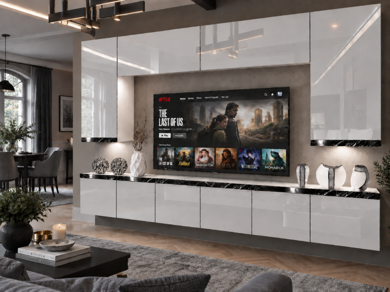 Parete attrezzata Prestige 300 cm TV/RTV bianca lucida Produttore IMP P Monroe 2/5/W/W/0/0/CS