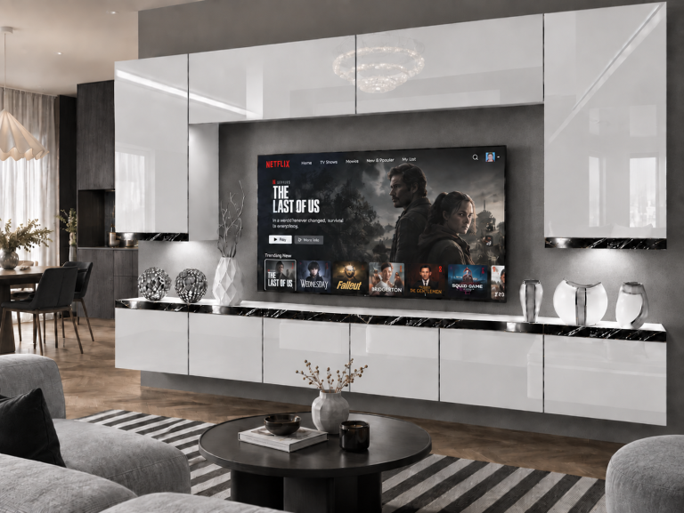 Parete attrezzata Prestige 300 cm TV/RTV bianca lucida Produttore IMP P Monroe 2/5/W/W/0/0/CS