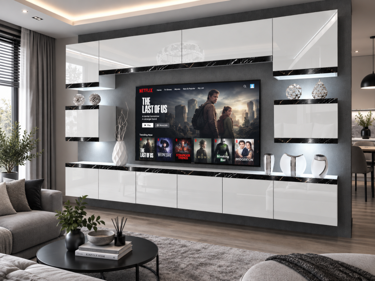 Parete attrezzata Prestige 300 cm TV/RTV bianca lucida Produttore IMP P Tarantino 3/5/W/W/0/0/CS