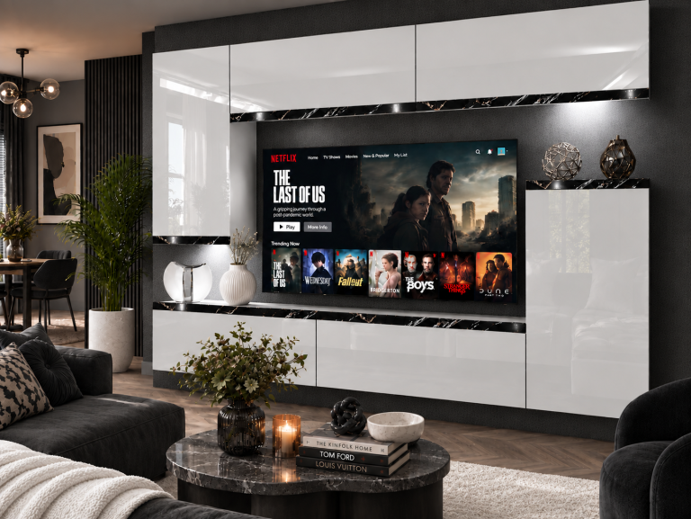 Parete attrezzata Prestige 250 cm TV/RTV bianca lucida Produttore IMP P Woody 8/5/W/W/0/0/CS