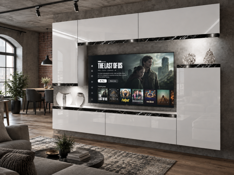 Parete attrezzata Prestige 250 cm TV/RTV bianca lucida Produttore IMP P Woody 8/5/W/W/0/0/CS
