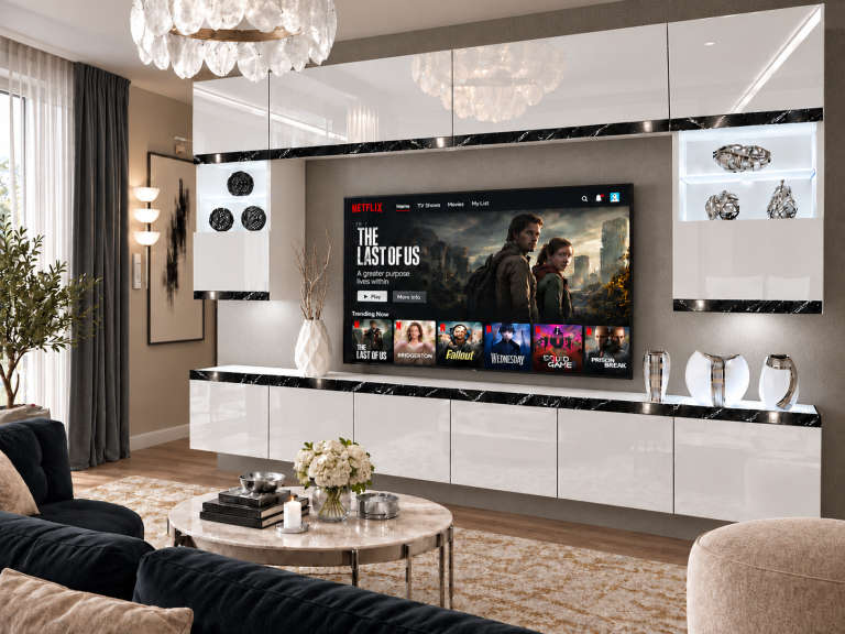 Parete attrezzata Prestige 300 cm TV/RTV bianca lucida Produttore IMP P2 Nolan 1/5/W/W/0/0/CS