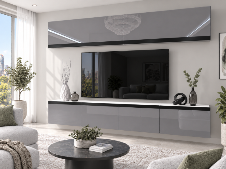 Parete attrezzata Prestige 200 cm TV/RTV grigia lucida Produttore IMP P Brando 6/5/W/S/0/0/CM