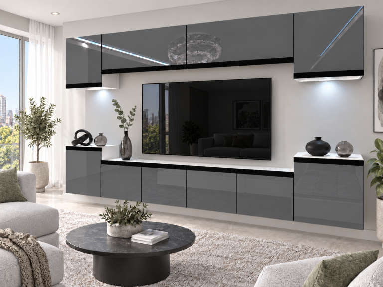 Parete attrezzata Prestige 300 cm TV/RTV grigia lucida Produttore IMP P Hepburn 4/5/W/S/0/0/CM