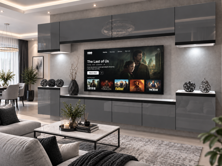 Parete attrezzata Prestige 300 cm TV/RTV grigia lucida Produttore IMP P Hepburn 4/5/W/S/0/0/CM