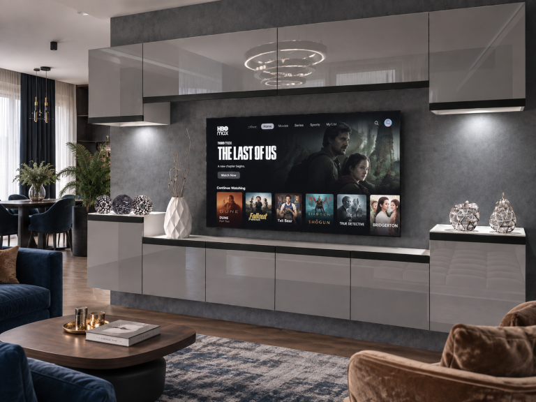 Parete attrezzata Prestige 300 cm TV/RTV grigia lucida Produttore IMP P Hepburn 4/5/W/S/0/0/CM