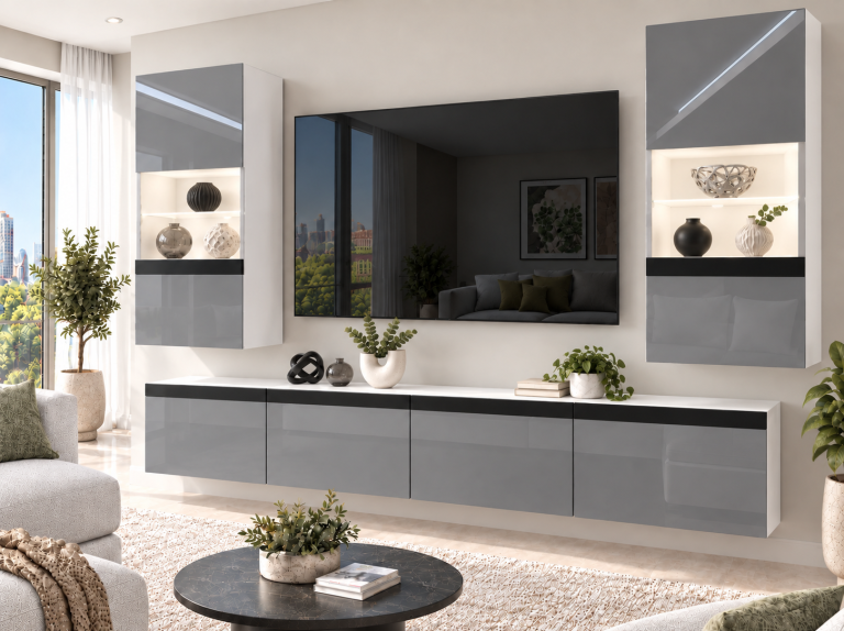 Parete attrezzata Prestige 200 cm TV/RTV grigia lucida Produttore IMP P Keanu 7/5/W/S/0/0/CM