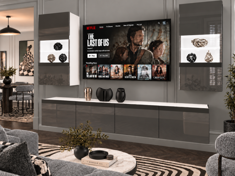 Parete attrezzata Prestige 200 cm TV/RTV grigia lucida Produttore IMP P Keanu 7/5/W/S/0/0/CM