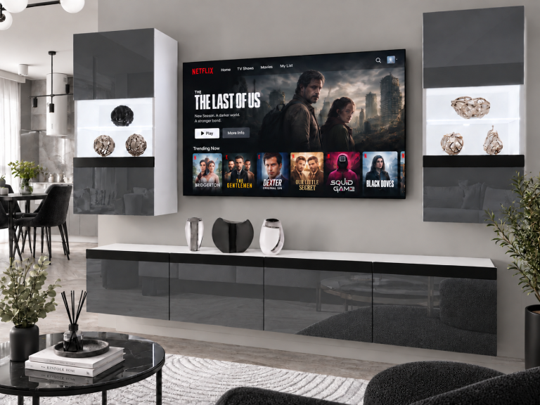 Parete attrezzata Prestige 200 cm TV/RTV grigia lucida Produttore IMP P Keanu 7/5/W/S/0/0/CM