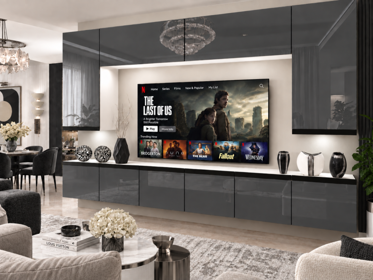 Parete attrezzata Prestige 300 cm TV/RTV grigia lucida Produttore IMP P Monroe 2/5/W/S/0/0/CM