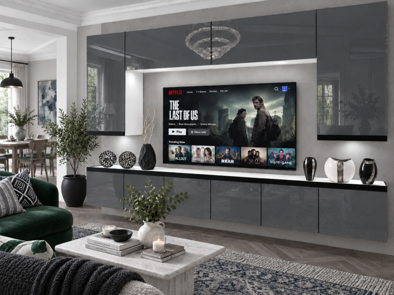 Parete attrezzata Prestige 300 cm TV/RTV grigia lucida Produttore IMP P Monroe 2/5/W/S/0/0/CM