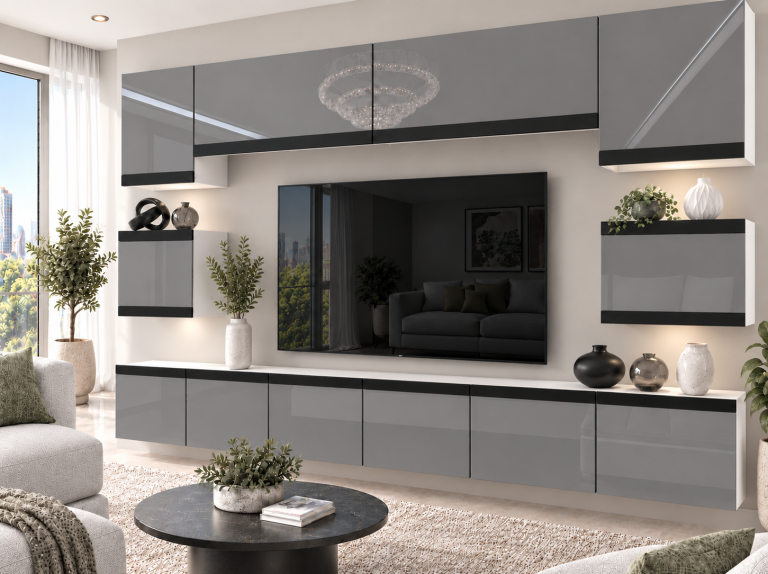 Parete attrezzata Prestige 300 cm TV/RTV grigia lucida Produttore IMP P Tarantino 3/5/W/S/0/0/CM