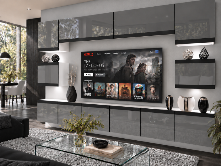 Parete attrezzata Prestige 300 cm TV/RTV grigia lucida Produttore IMP P Tarantino 3/5/W/S/0/0/CM