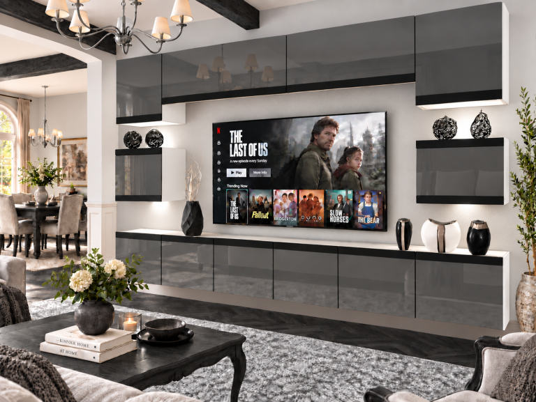 Parete attrezzata Prestige 300 cm TV/RTV grigia lucida Produttore IMP P Tarantino 3/5/W/S/0/0/CM
