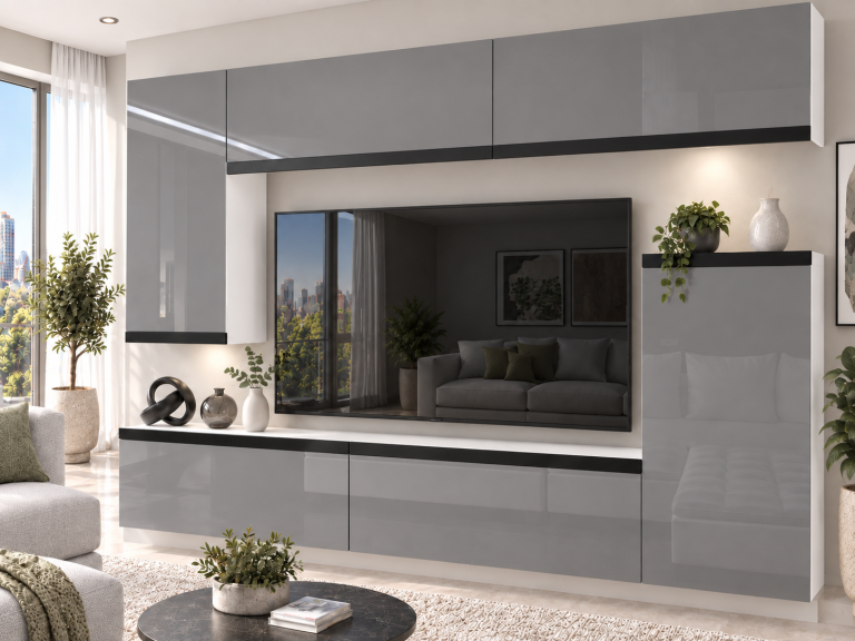 Parete attrezzata Prestige 250 cm TV/RTV grigia lucida Produttore IMP P Woody 8/5/W/S/0/0/CM
