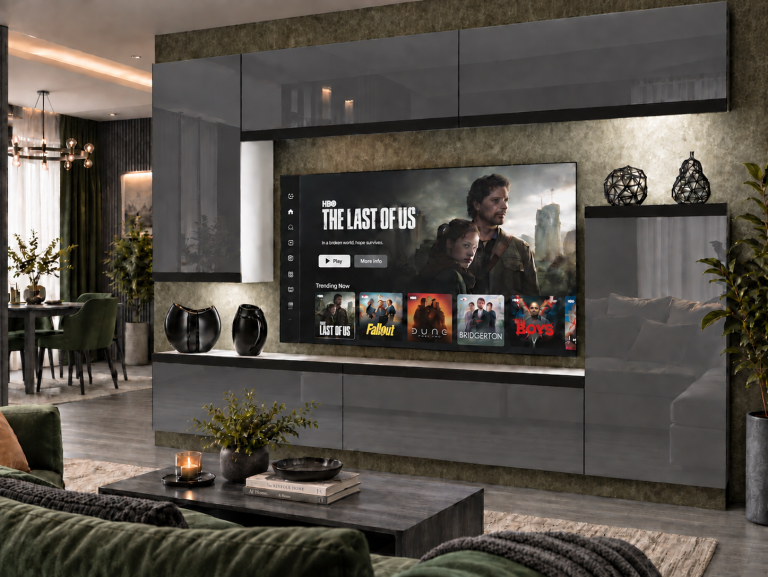 Parete attrezzata Prestige 250 cm TV/RTV grigia lucida Produttore IMP P Woody 8/5/W/S/0/0/CM
