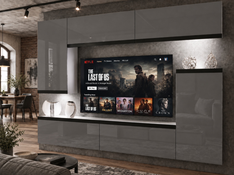Parete attrezzata Prestige 250 cm TV/RTV grigia lucida Produttore IMP P Woody 8/5/W/S/0/0/CM