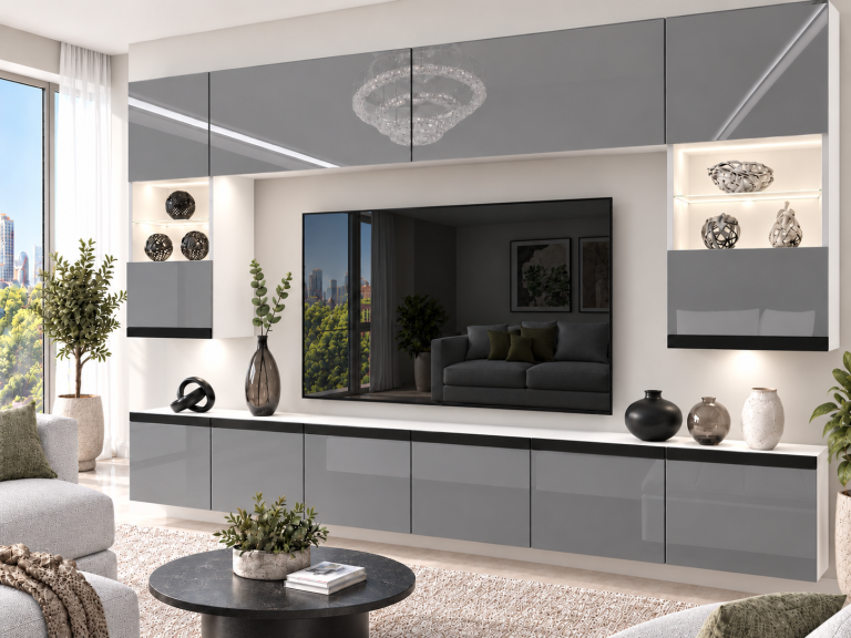 Parete attrezzata Prestige 300 cm TV/RTV grigia lucida Produttore IMP P1 Nolan 1/5/W/S/0/0/CM